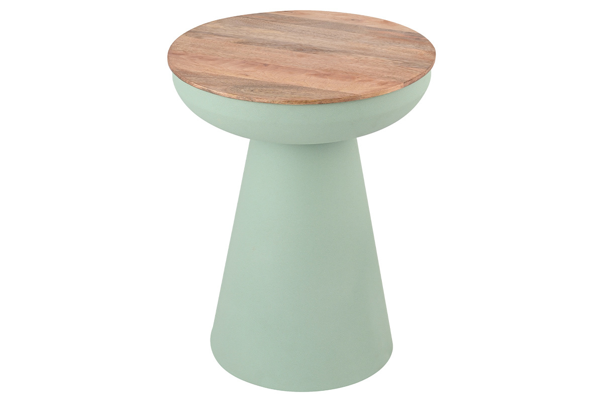 Table d'appoint ronde design avec rangement en mtal vert cladon et bois manguier massif H52 cm TAM