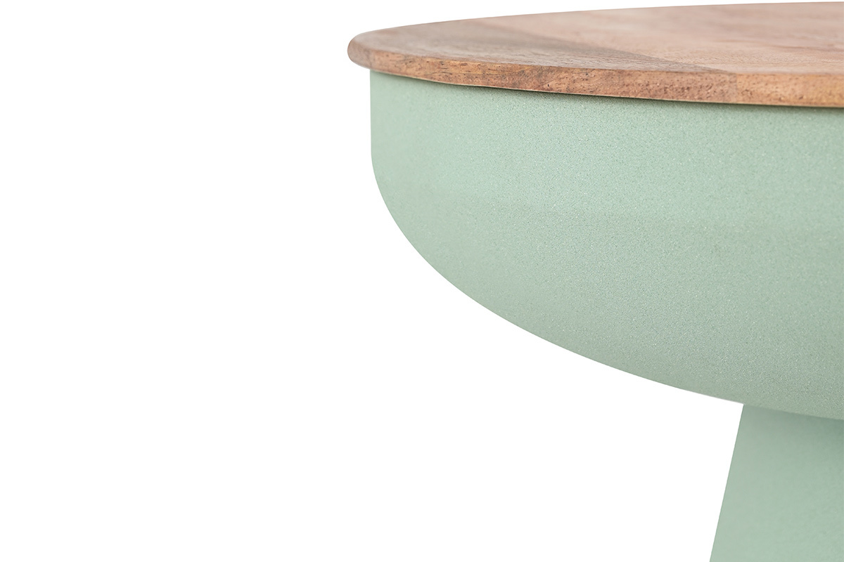 Table d'appoint ronde design avec rangement en mtal vert cladon et bois manguier massif H52 cm TAM