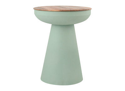 Table d'appoint ronde design avec rangement en métal vert céladon et bois manguier massif H52 cm TAM
