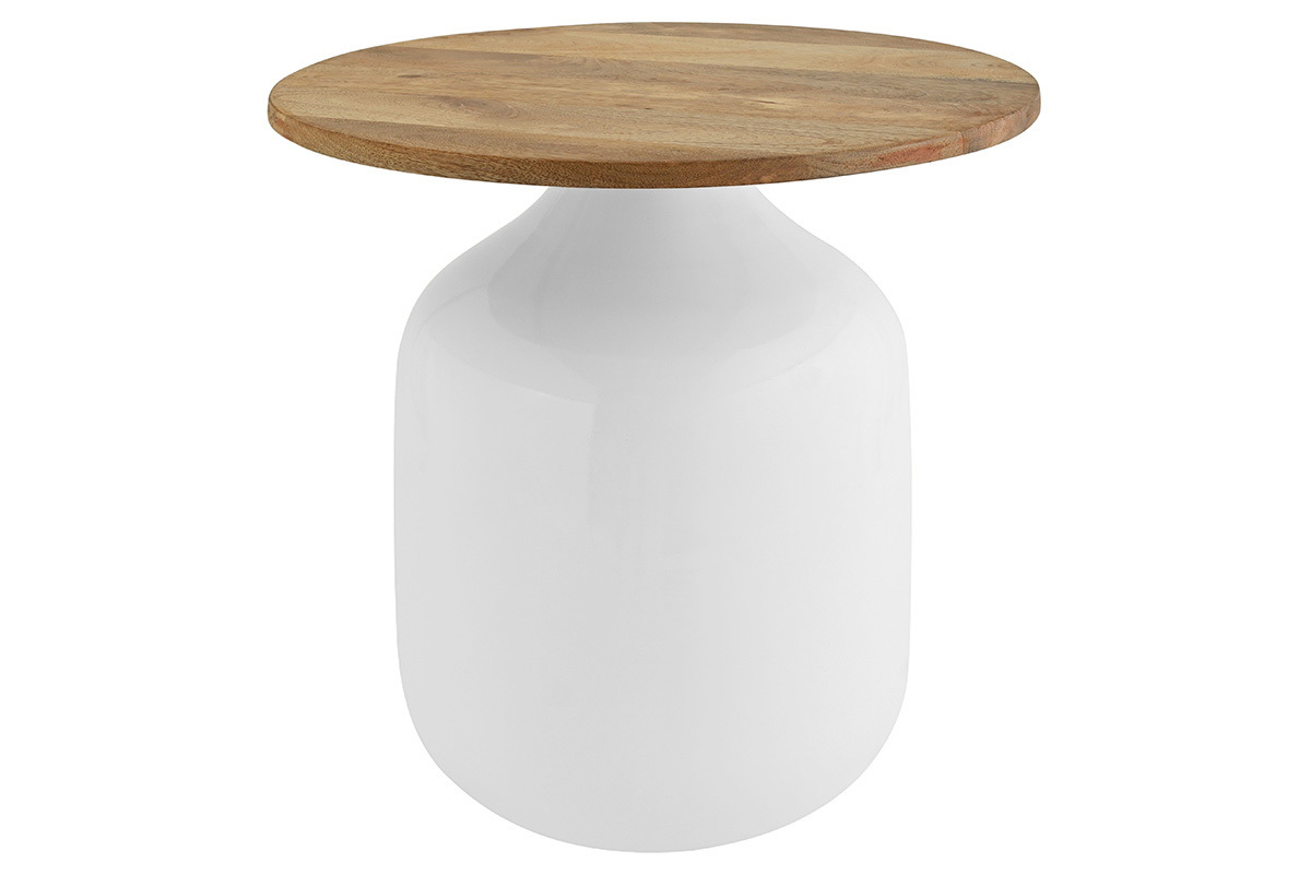 Table d'appoint ronde blanche, plateau en bois manguier, base acier laqu�, vue de face.