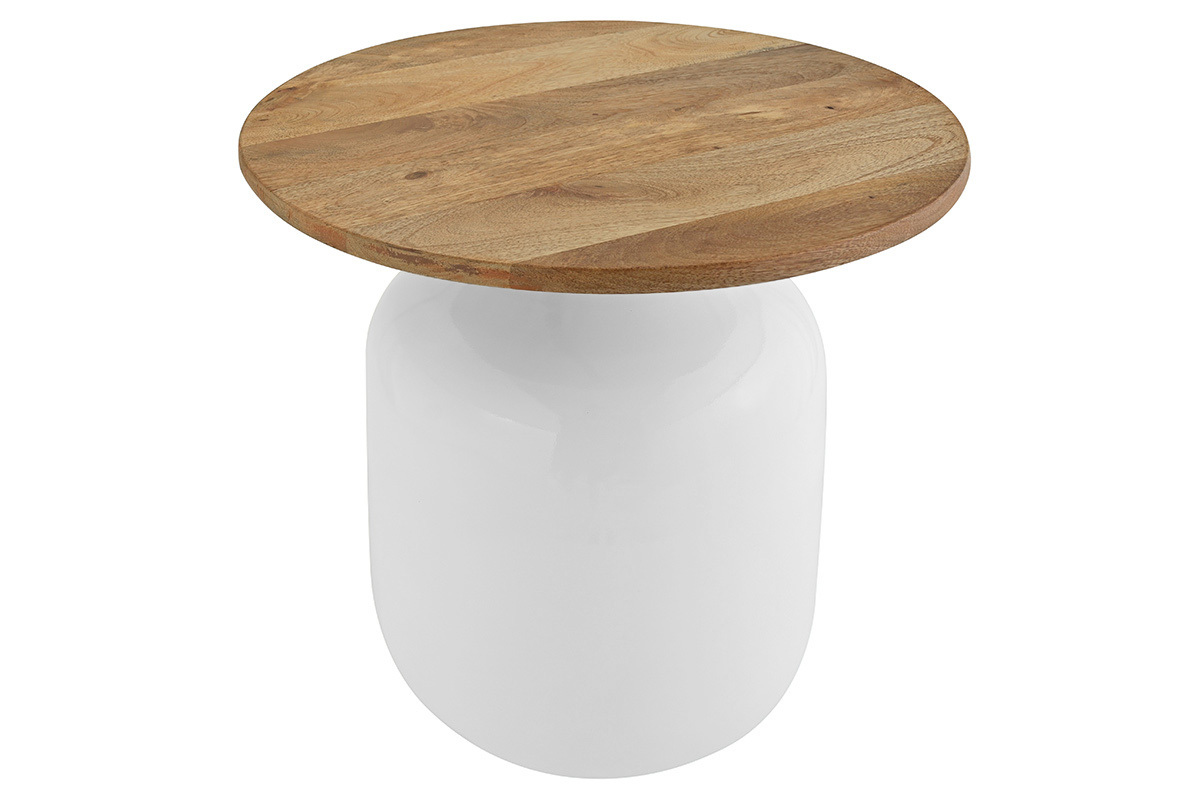 Table d'appoint ronde avec plateau en bois de manguier et base blanche, vue de haut.