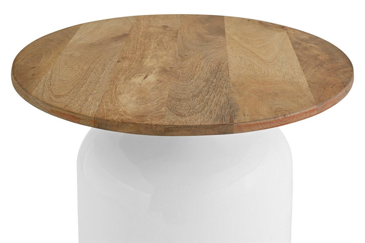 Table d'appoint ronde en bois de manguier et base blanche vue de dessus.