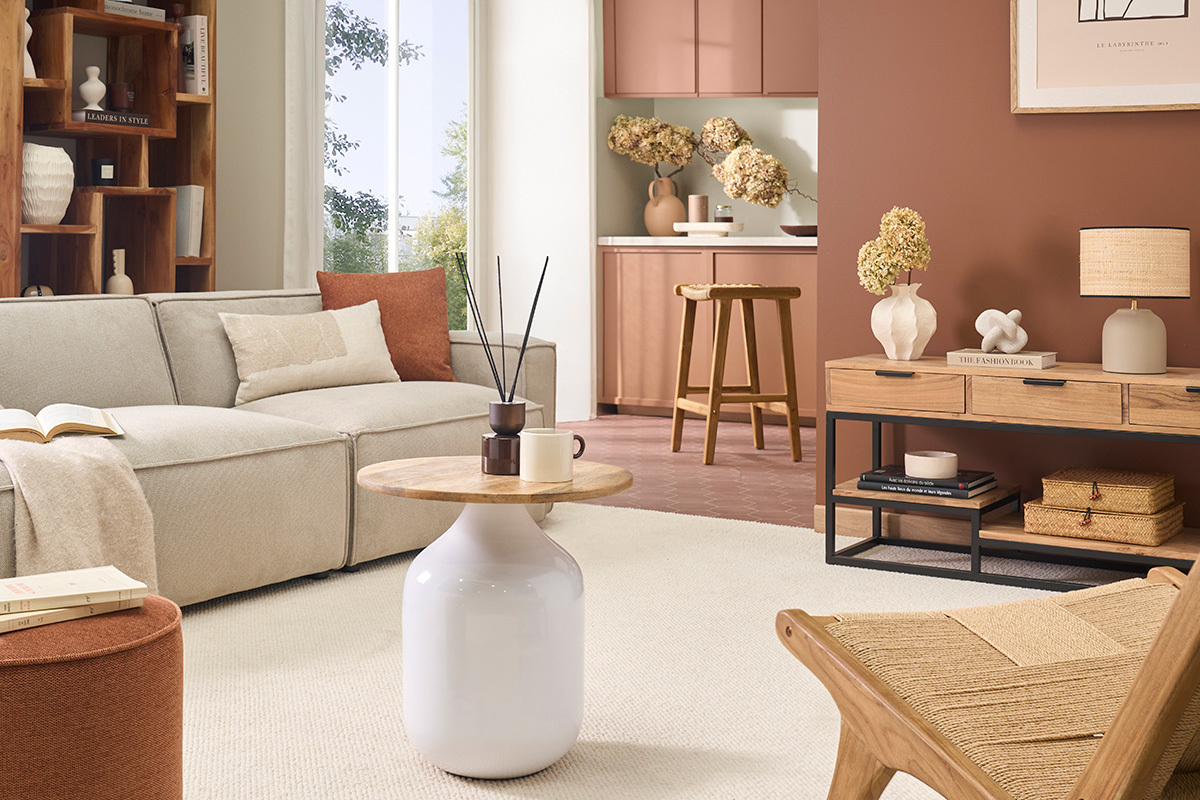 Table d'appoint ronde design blanche et bois manguier massif H49 cm VERONA