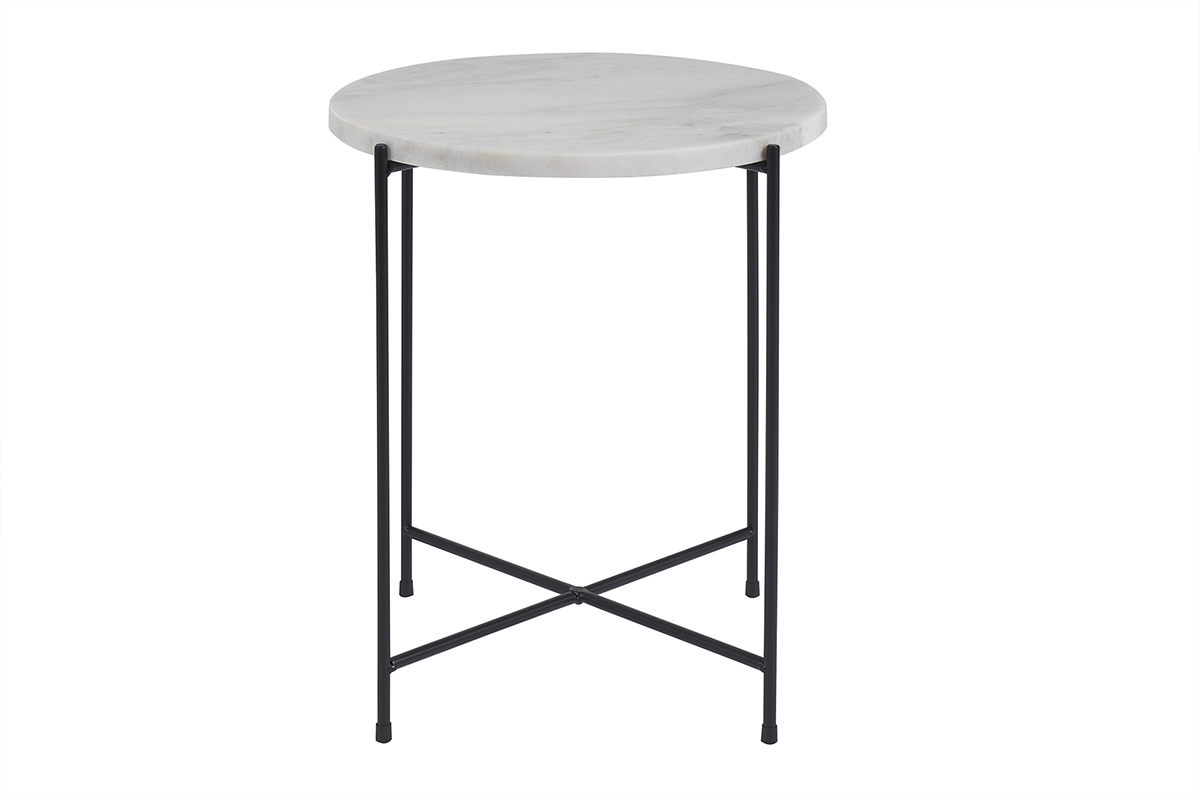 Table d'appoint ronde design en marbre blanc et m�tal noir D42 cm SARDA