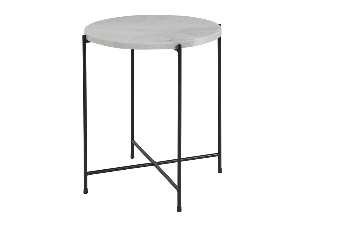 Table d'appoint ronde design en marbre blanc et m�tal noir D42 cm SARDA