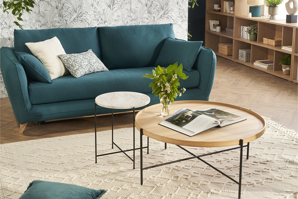 Table d'appoint ronde design en marbre blanc et m�tal noir D42 cm SARDA