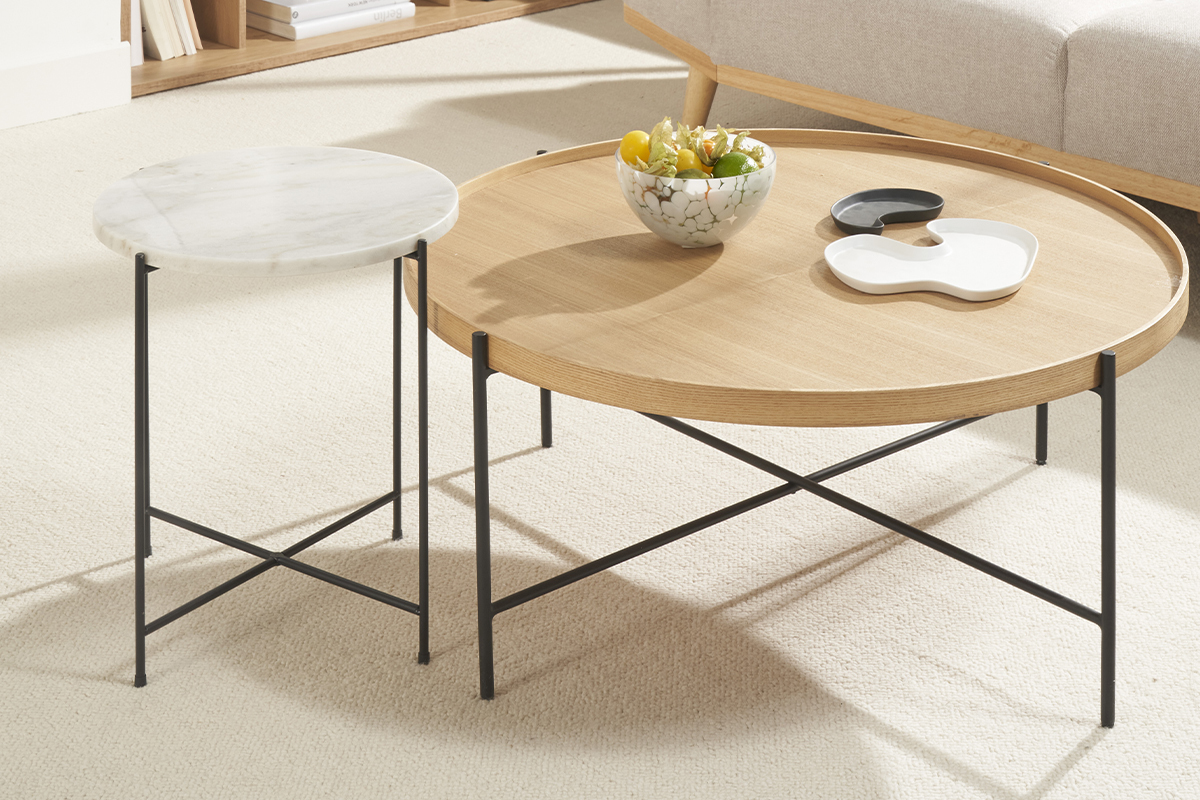 Table d'appoint ronde design en marbre blanc et m�tal noir D42 cm SARDA