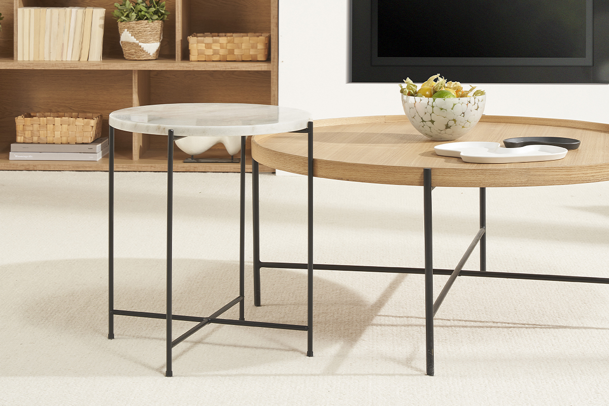 Table d'appoint ronde design en marbre blanc et m�tal noir D42 cm SARDA
