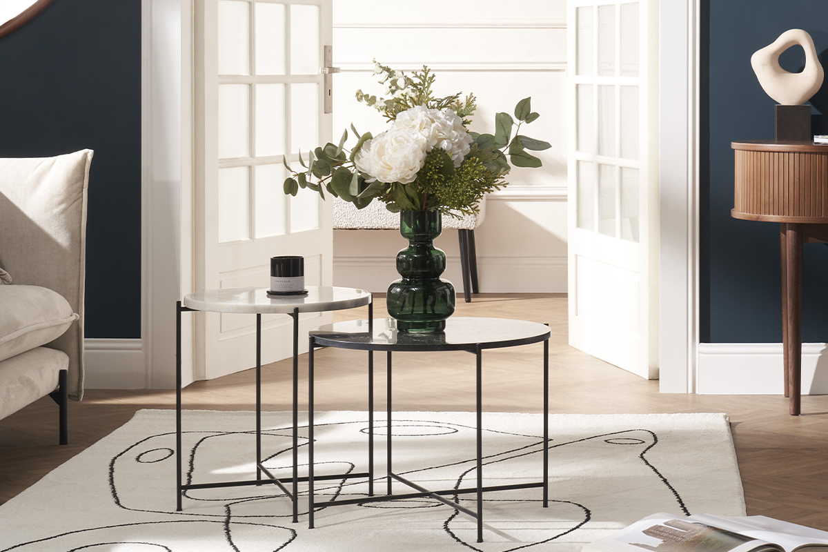 Table d'appoint ronde design en marbre blanc et m�tal noir D42 cm SARDA