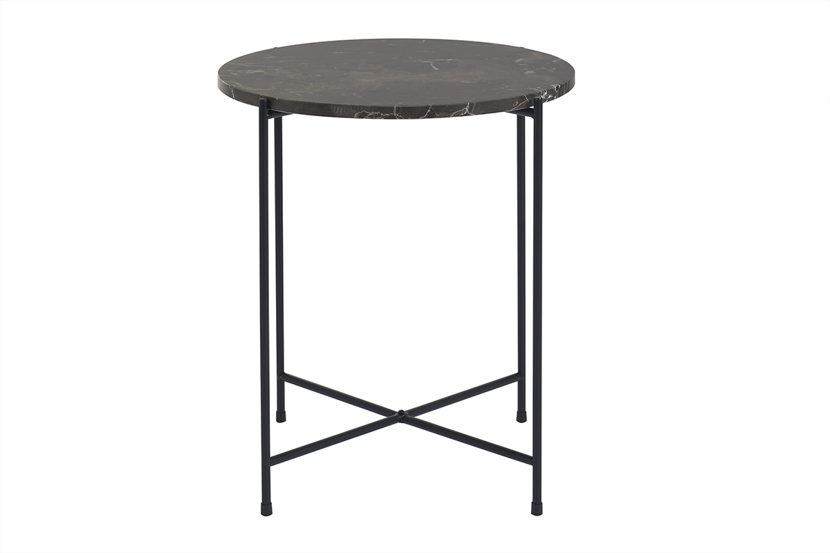 Table d'appoint ronde design en marbre marron et m�tal noir D42 cm SARDA