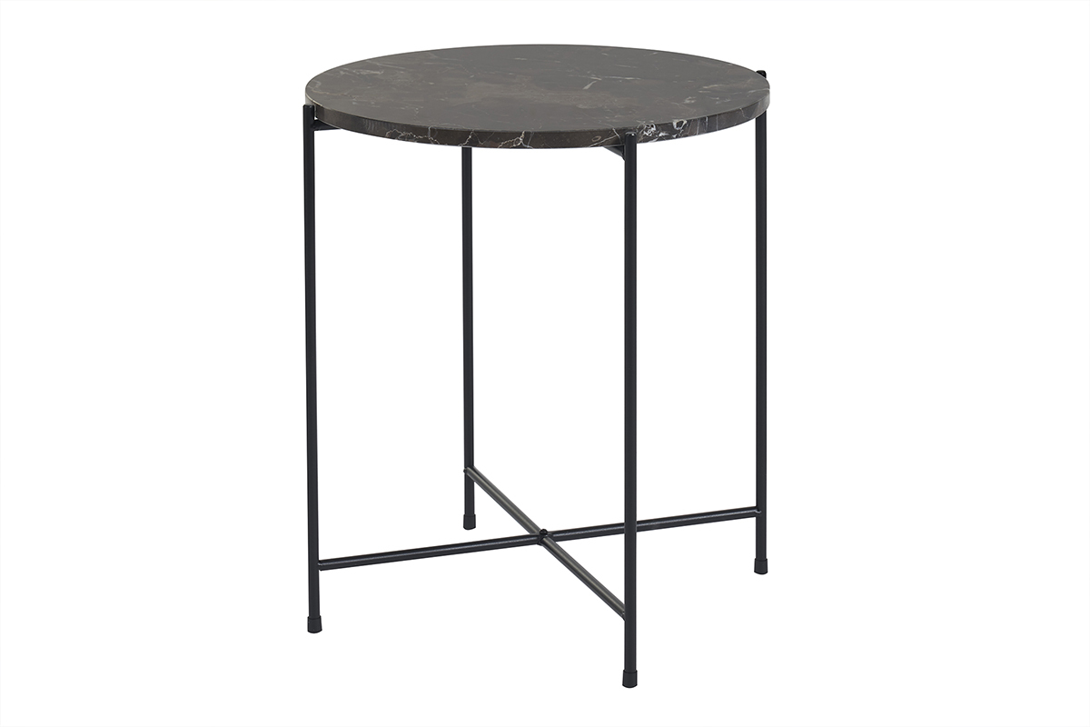 Table d'appoint ronde design en marbre marron et m�tal noir D42 cm SARDA