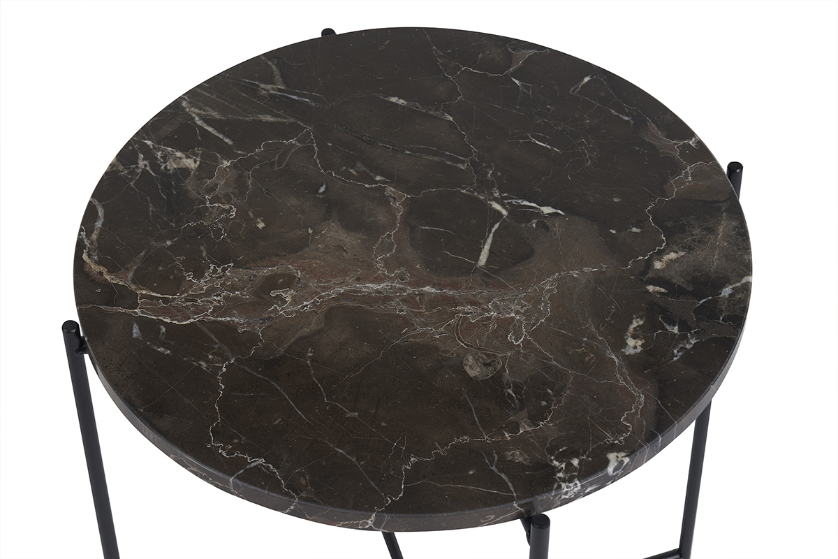 Table d'appoint ronde design en marbre marron et m�tal noir D42 cm SARDA