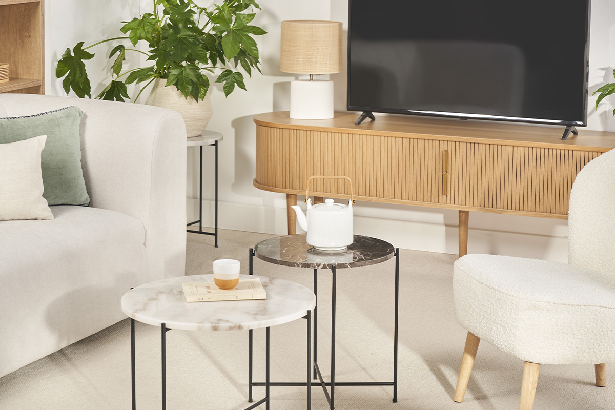 Table d'appoint ronde design en marbre marron et m�tal noir D42 cm SARDA