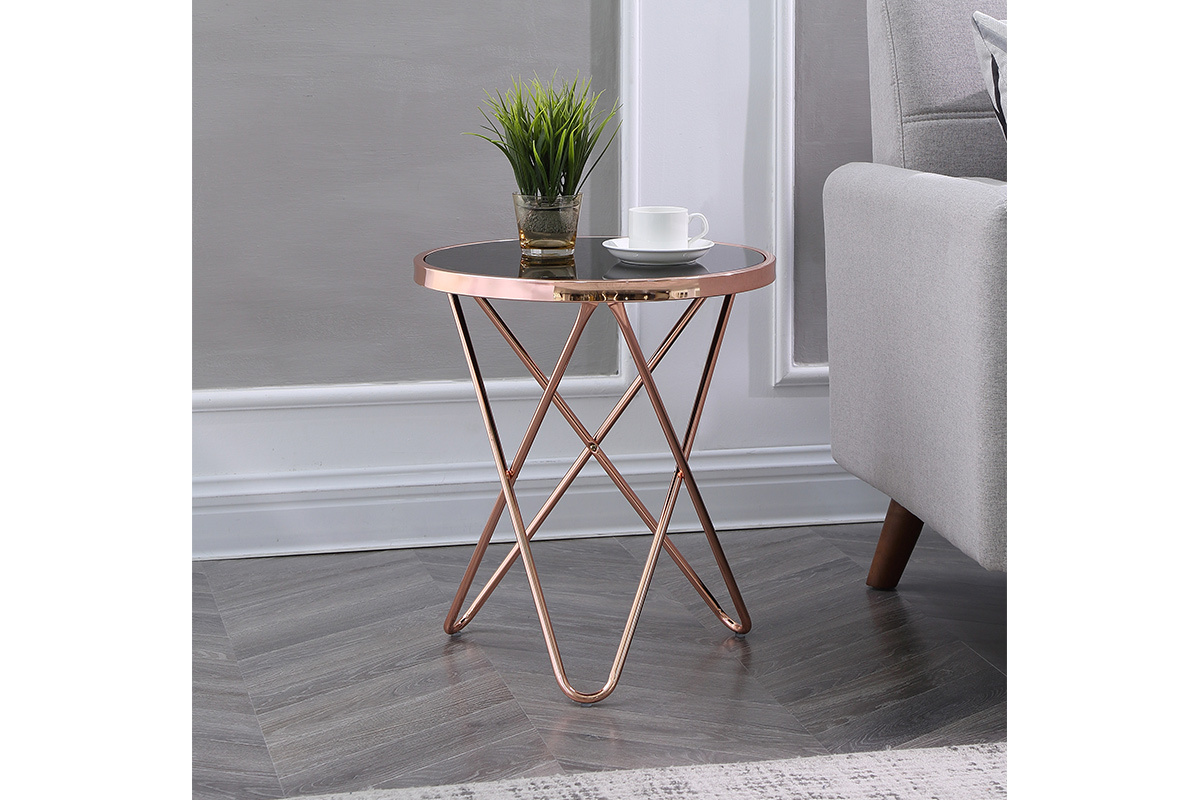 Table d'appoint ronde en m�tal cuivr� et verre tremp� noir VEGA