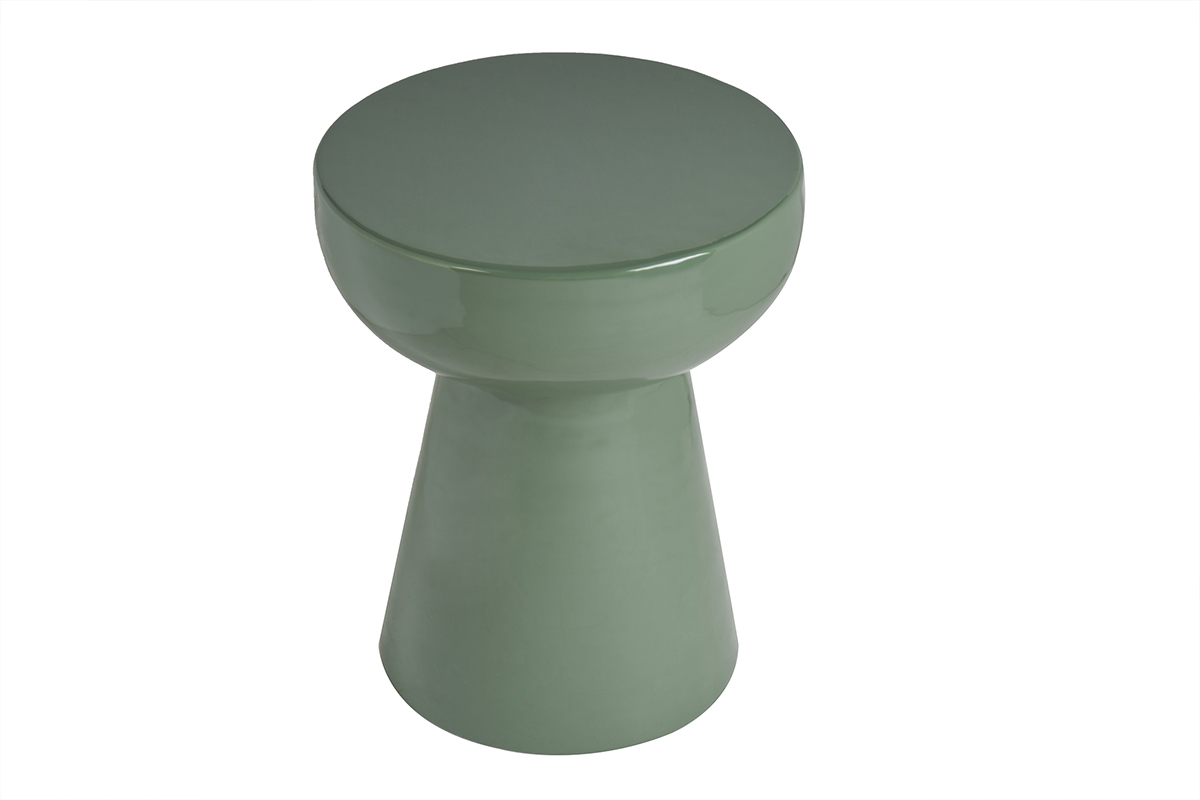 Table d'appoint ronde en m�tal vert kaki MOGOU, vue de haut.