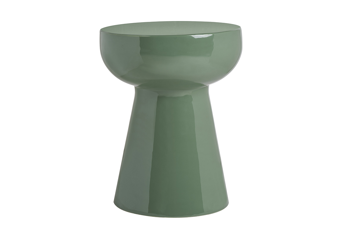 Table d'appoint ronde en m�tal �maill� vert kaki, vue de face.