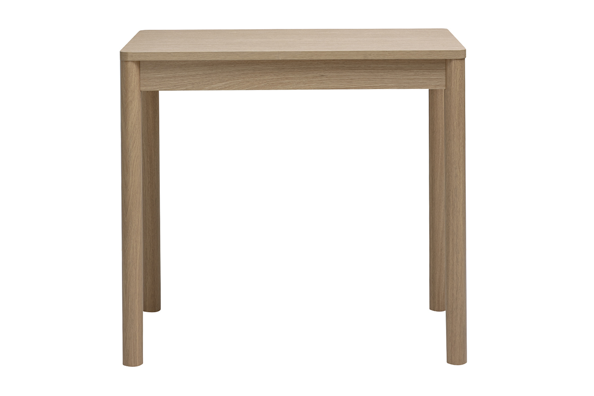Table de bar en bois clair finition ch�ne, vue de dos, avec tiroir int�gr�.