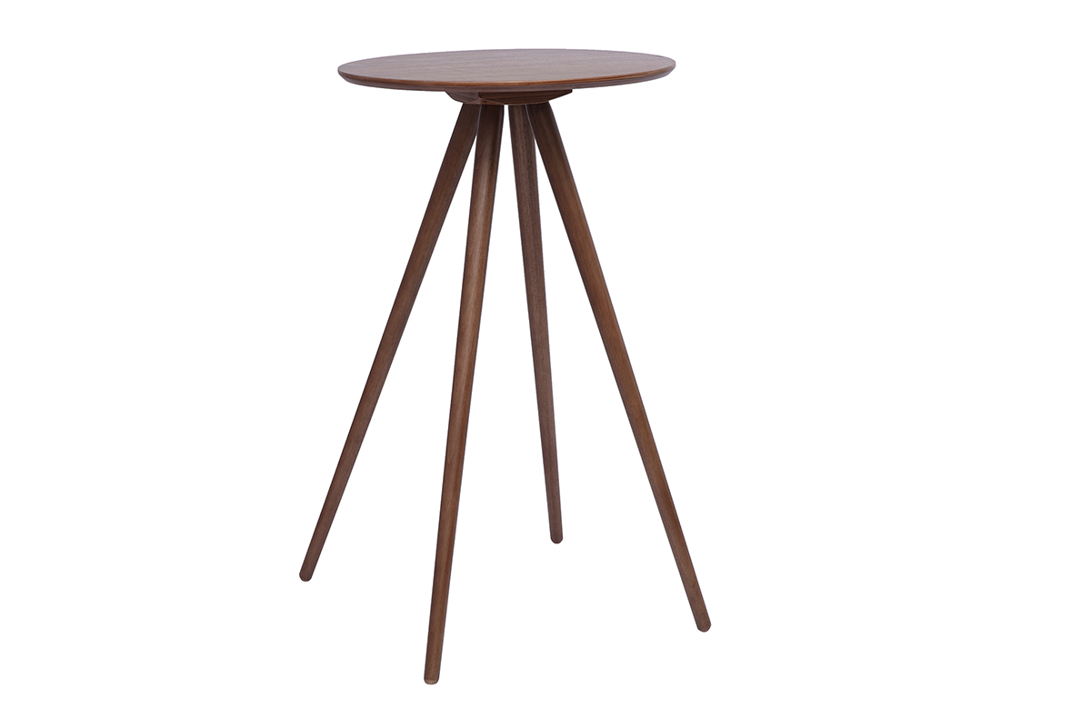 Table de bar ronde en bois fonc� noyer, vue de 3/4, avec pieds fins �vas�s.
