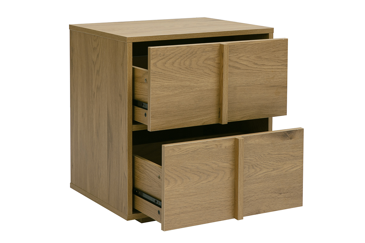 Table de chevet en bois clair ch�ne avec 2 tiroirs, vue de 3/4.