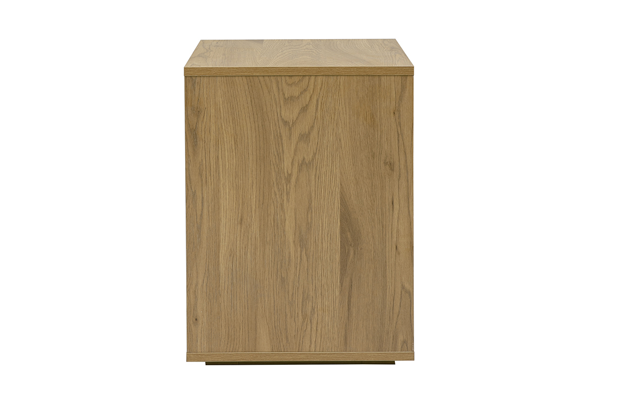 Table de chevet en bois clair ch�ne avec deux tiroirs, vue de profil