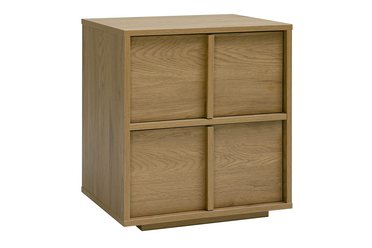 Table de chevet 2 tiroirs en bois clair ch�ne, vue de 3/4.