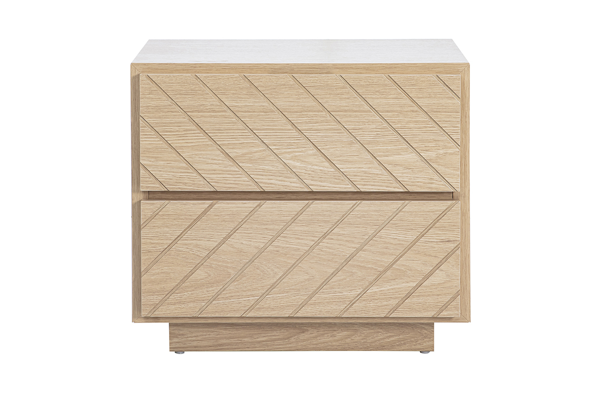Table de chevet en bois ch�ne avec deux tiroirs, vue de face.