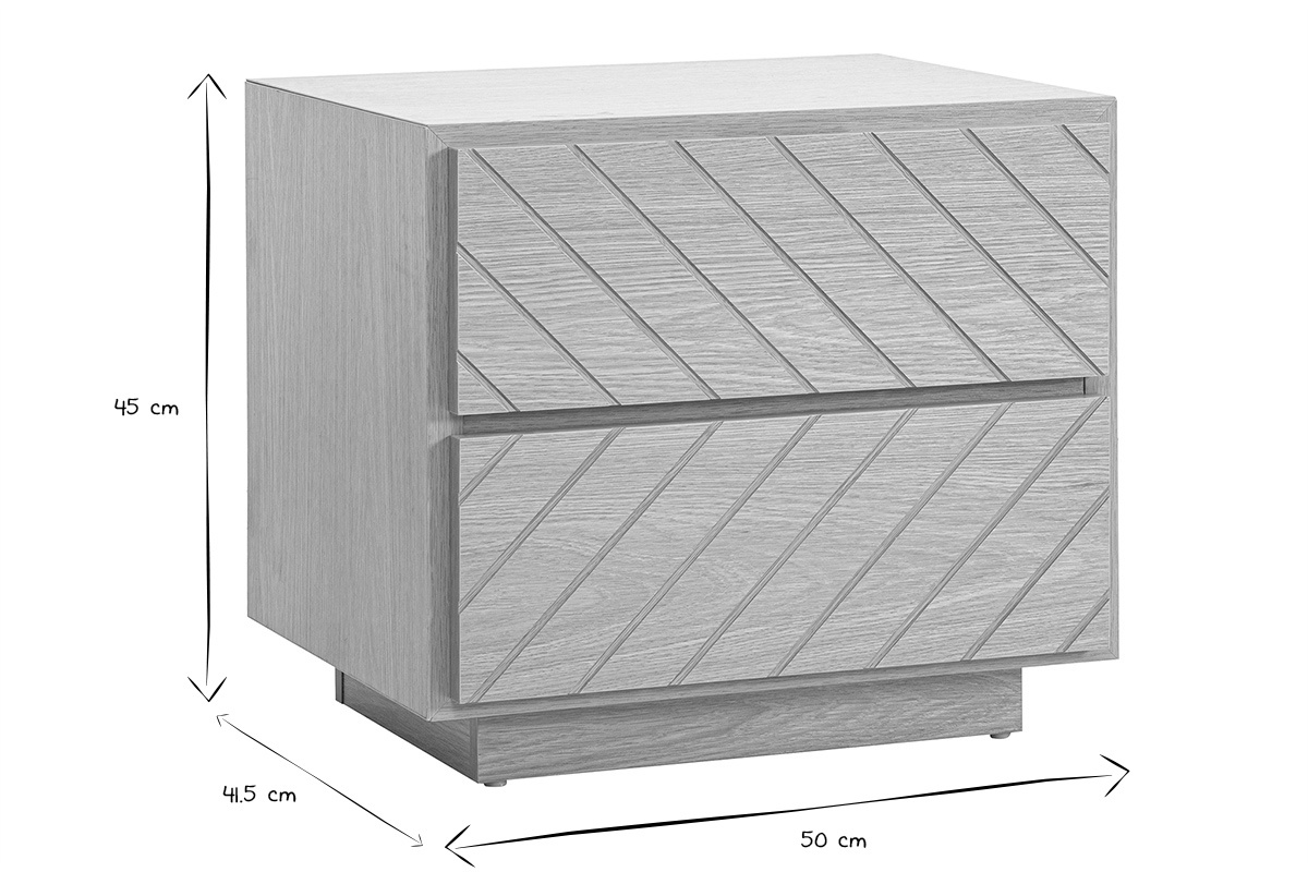 Dimensions de la table de chevet en noir et blanc : 45 cm de hauteur, 41,5 cm de profondeur, 50 cm de largeur.