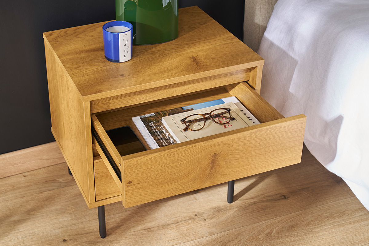 Table de chevet avec rangements 2 tiroirs finition bois clair chne ARAGON