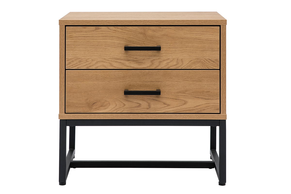 Table de chevet avec rangements 2 tiroirs finition bois clair chne et mtal noir LOVATO