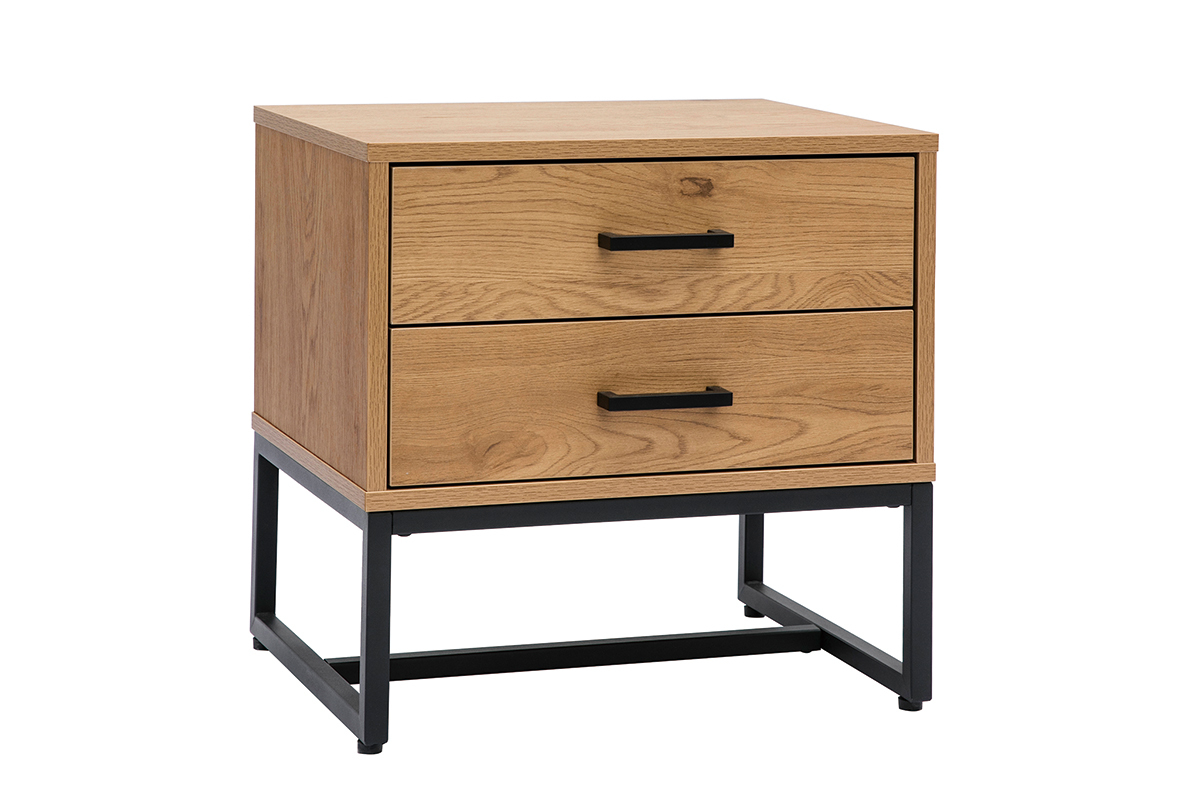 Table de chevet avec rangements 2 tiroirs finition bois clair chne et mtal noir LOVATO