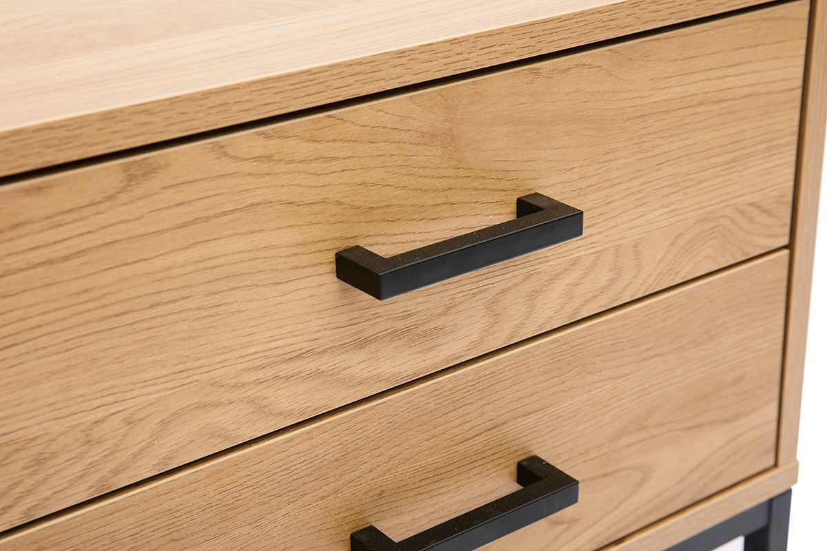 Table de chevet avec rangements 2 tiroirs finition bois clair chne et mtal noir LOVATO