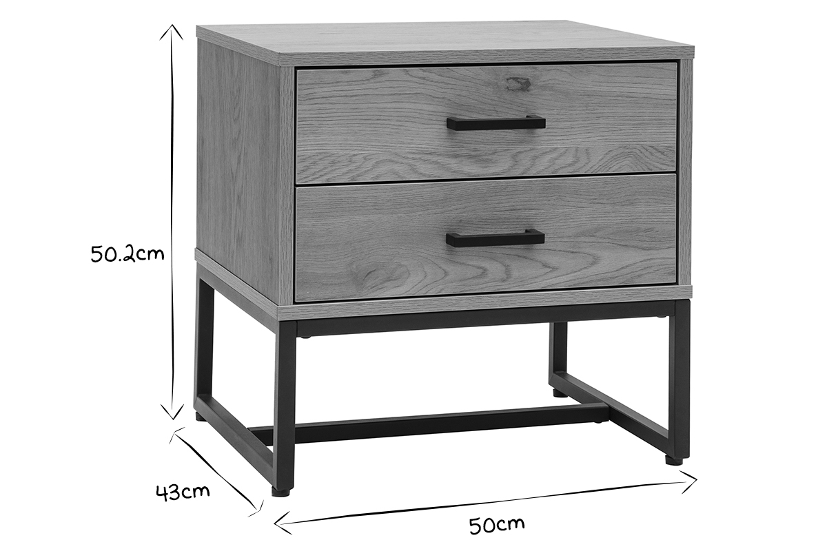Table de chevet avec rangements 2 tiroirs finition bois clair chne et mtal noir LOVATO