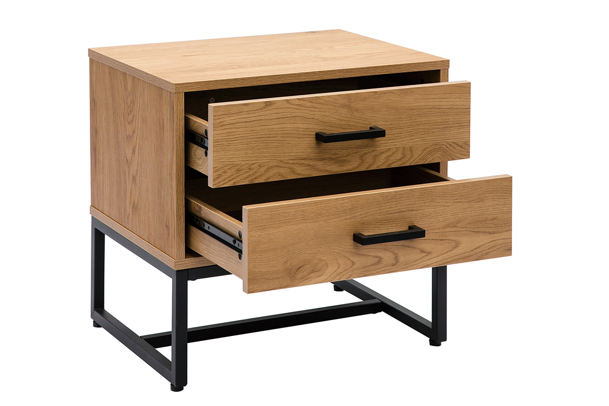 Table de chevet avec rangements 2 tiroirs finition bois clair chne et mtal noir LOVATO