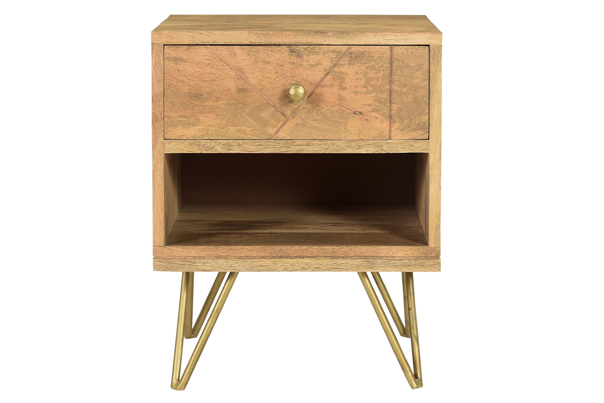 Table de chevet avec rangements bois manguier massif grav et mtal dor LINIUM