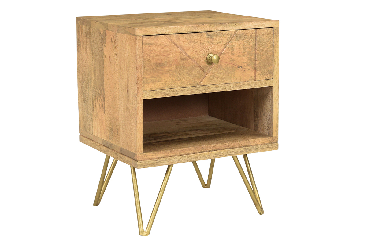 Table de chevet avec rangements bois manguier massif grav et mtal dor LINIUM