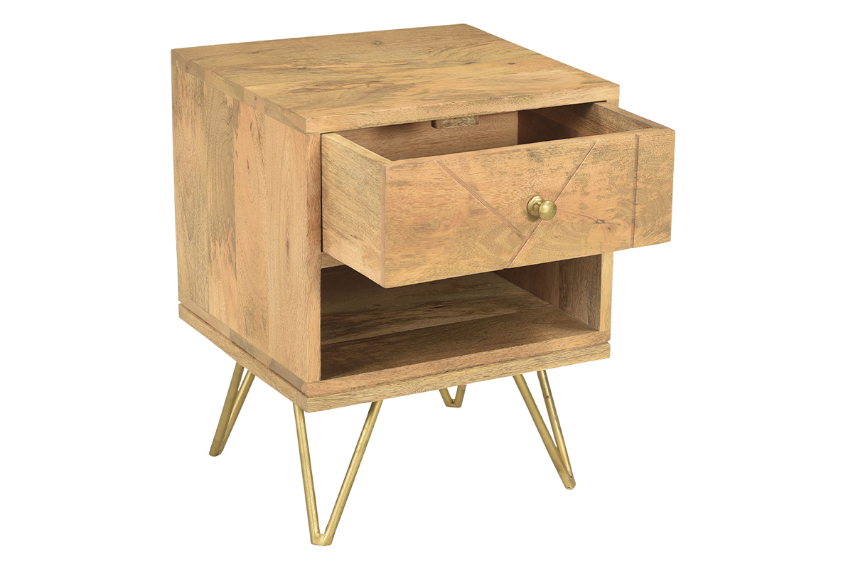 Table de chevet avec rangements bois manguier massif grav et mtal dor LINIUM