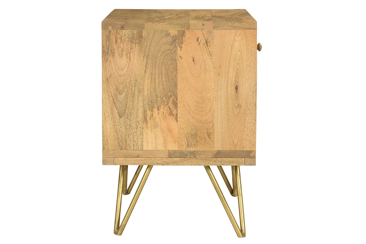 Table de chevet avec rangements bois manguier massif grav et mtal dor LINIUM