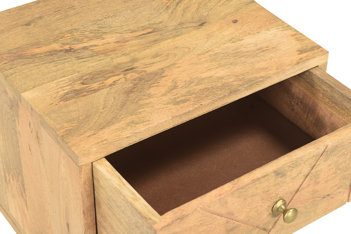 Table de chevet avec rangements bois manguier massif grav et mtal dor LINIUM