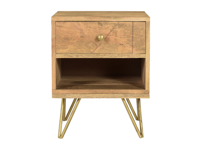 Table de chevet avec rangements bois manguier massif gravé et métal doré LINIUM