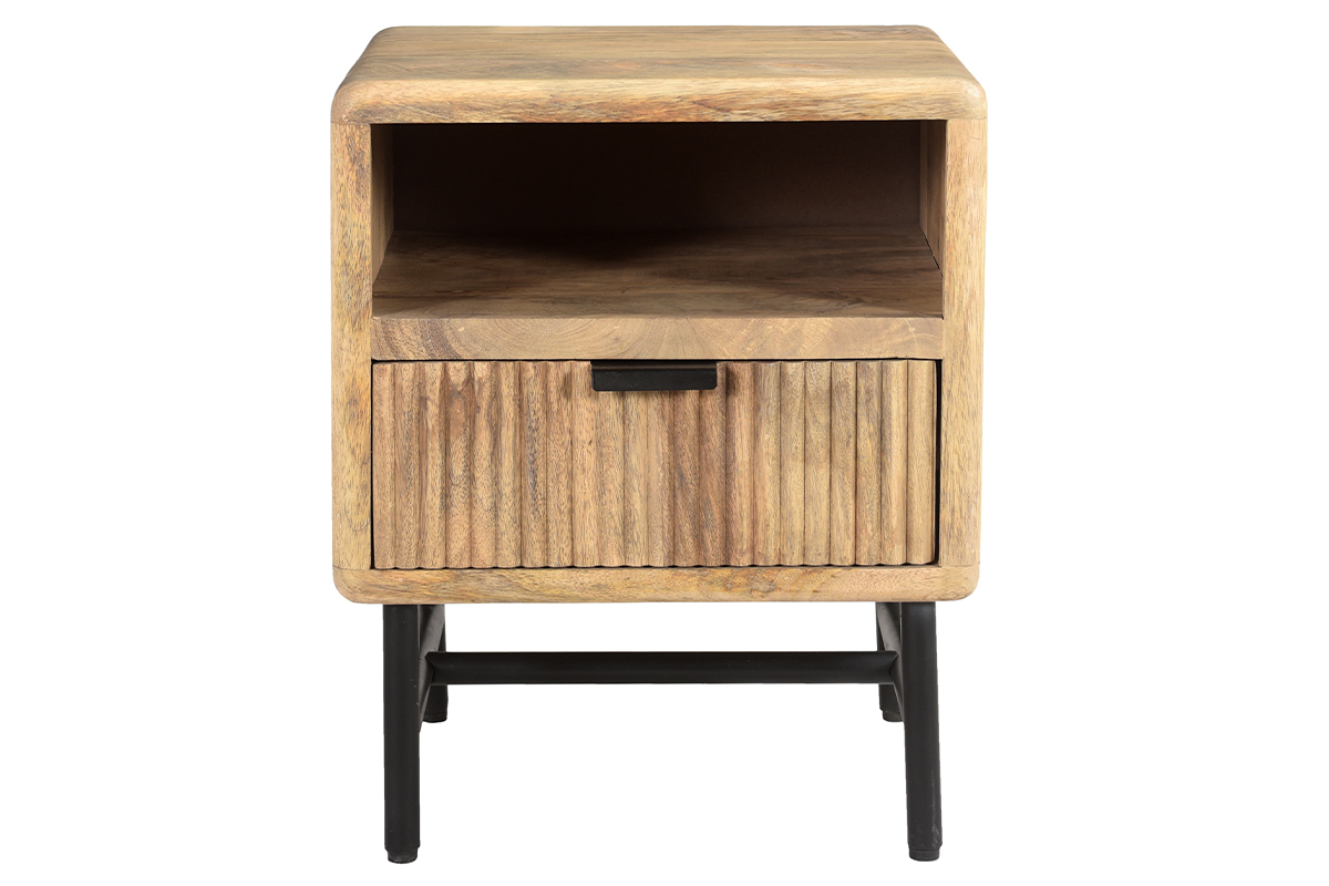 Table de chevet avec rangements bois manguier massif grav et mtal noir MORISSON