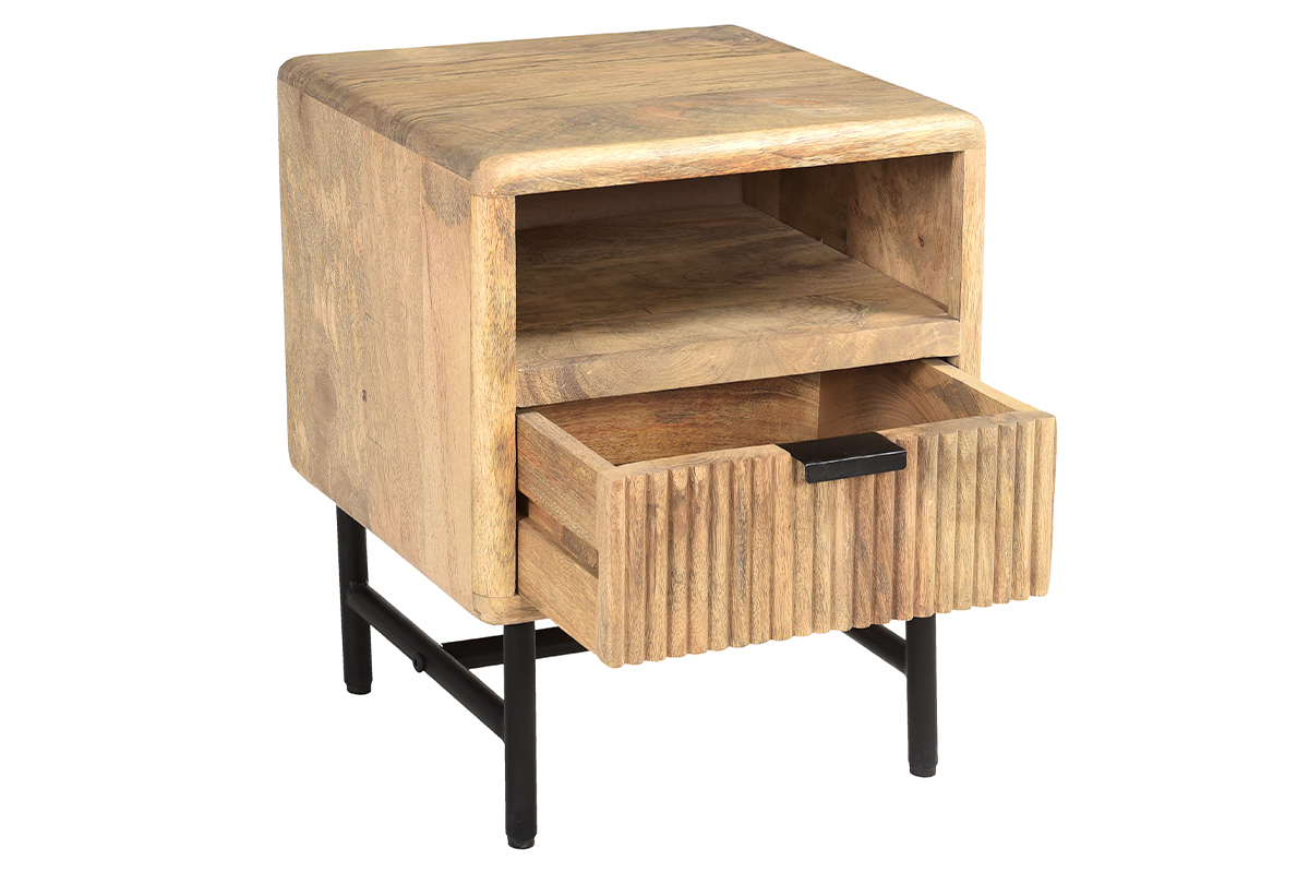 Table de chevet avec rangements bois manguier massif grav et mtal noir MORISSON