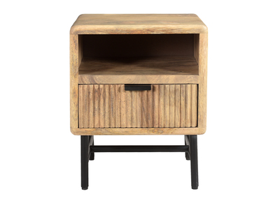 Table de chevet avec rangements bois manguier massif gravé et métal noir MORISSON