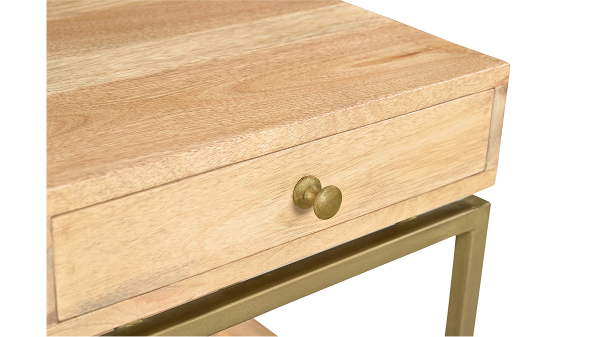 Table de chevet avec rangements en bois clair manguier massif et métal doré OCTAVIE