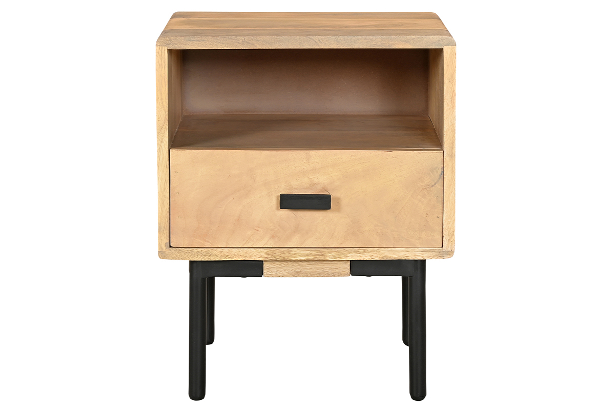 Table de chevet avec rangements en bois manguier massif et m�tal noir L40 cm JUDE