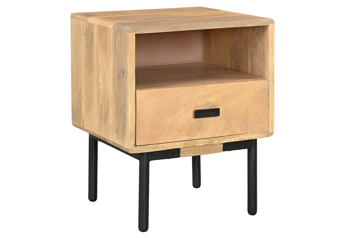 Table de chevet avec rangements en bois manguier massif et m�tal noir L40 cm JUDE
