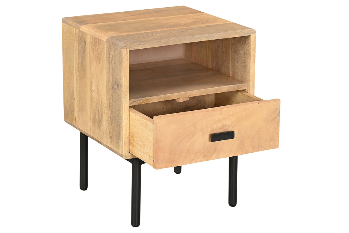 Table de chevet avec rangements en bois manguier massif et m�tal noir L40 cm JUDE