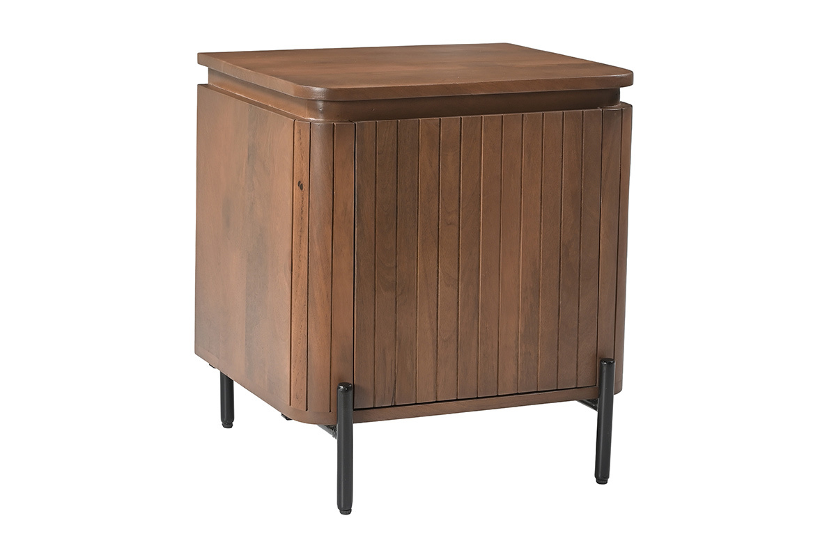 Table de chevet en bois manguier massif, fa�ade cannel�e, pieds en m�tal noir, vue de 3/4