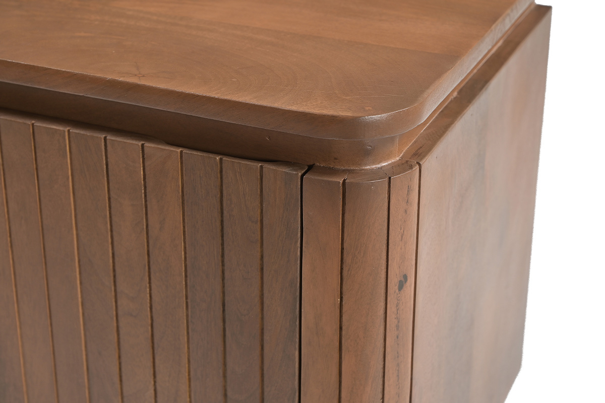 Table de chevet en bois manguier massif avec fa�ade cannel�e, vue de dessus et c�t�.