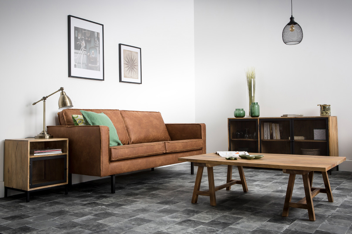 Table de chevet avec rangements industriel bois manguier massif et mtal perfor RACK