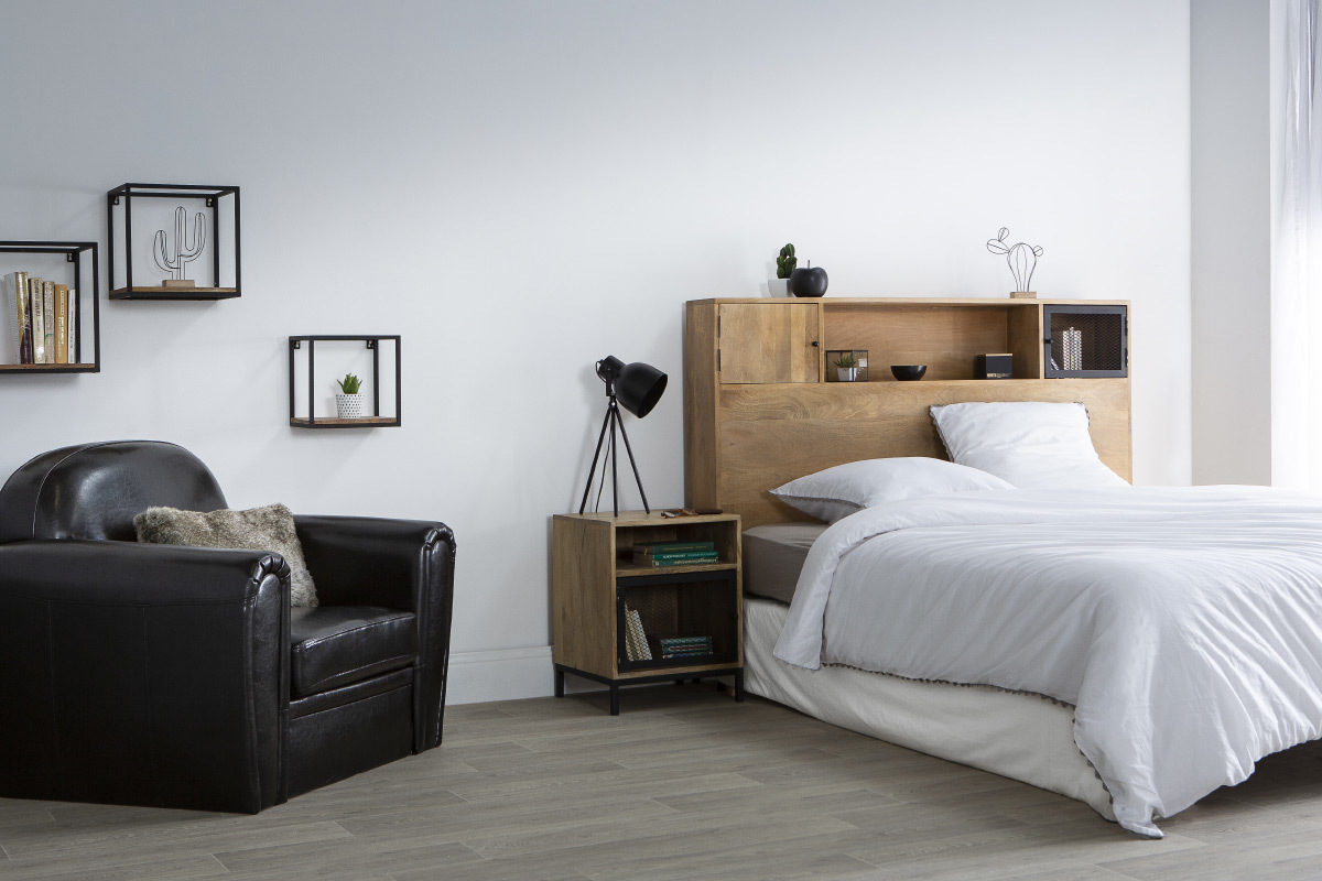 Table de chevet avec rangements industriel bois manguier massif et mtal perfor RACK